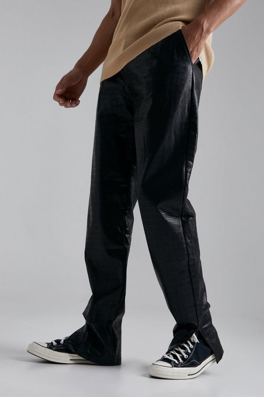 Pantalón Tall de cuero sintético con estampado de cuadros y abertura en el bajo, Black negro