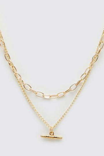 Gold Metallic Double Layer Bar Pendant Necklace