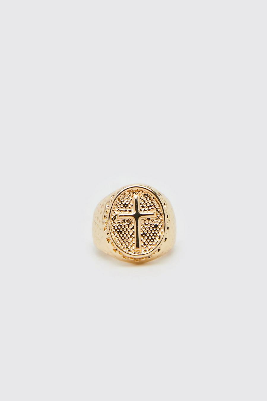 Gold metallizzato Cross Emblem Signet Ring image number 1