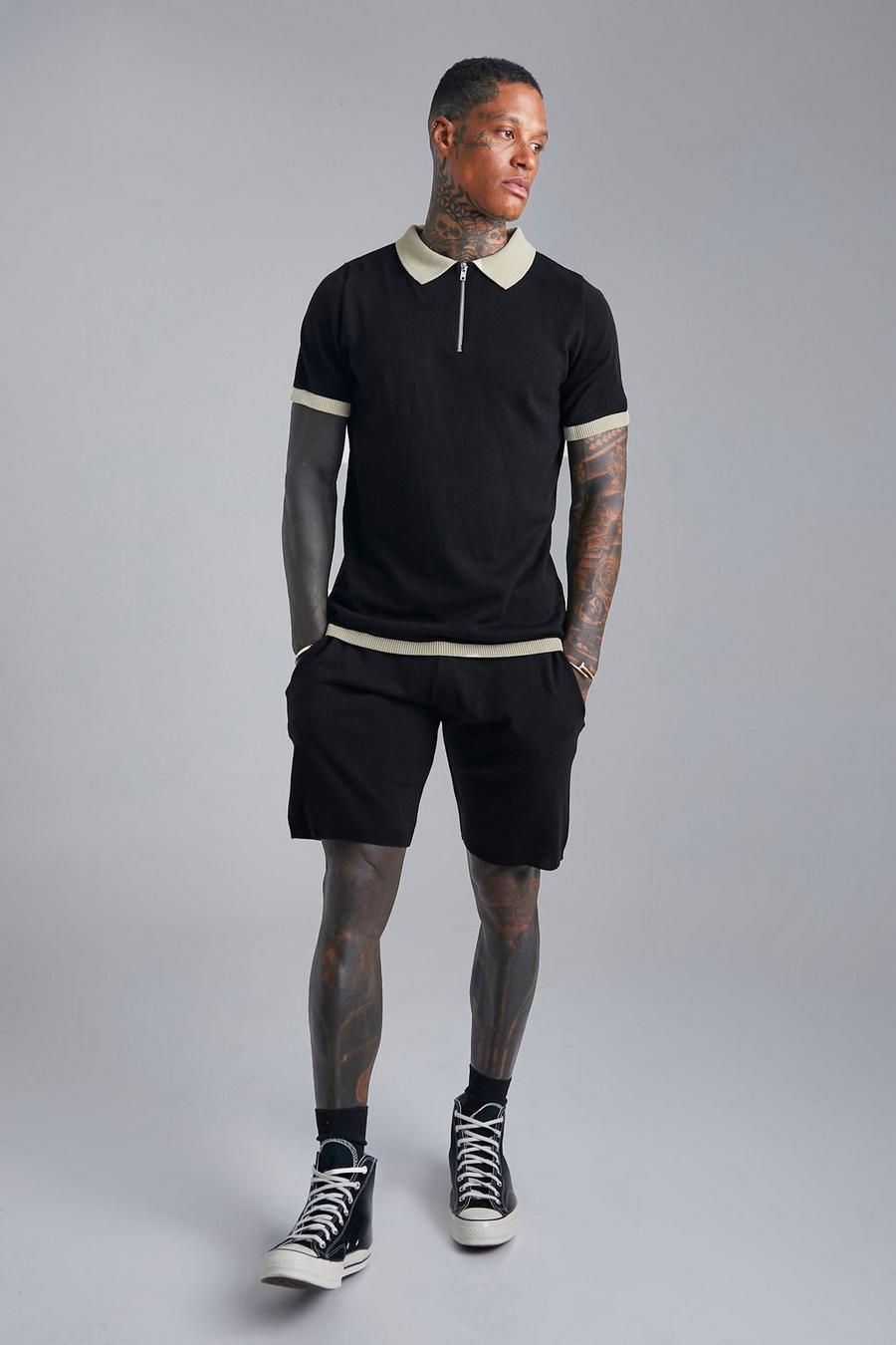 Black Contrast Polo And Short Set  image number 1