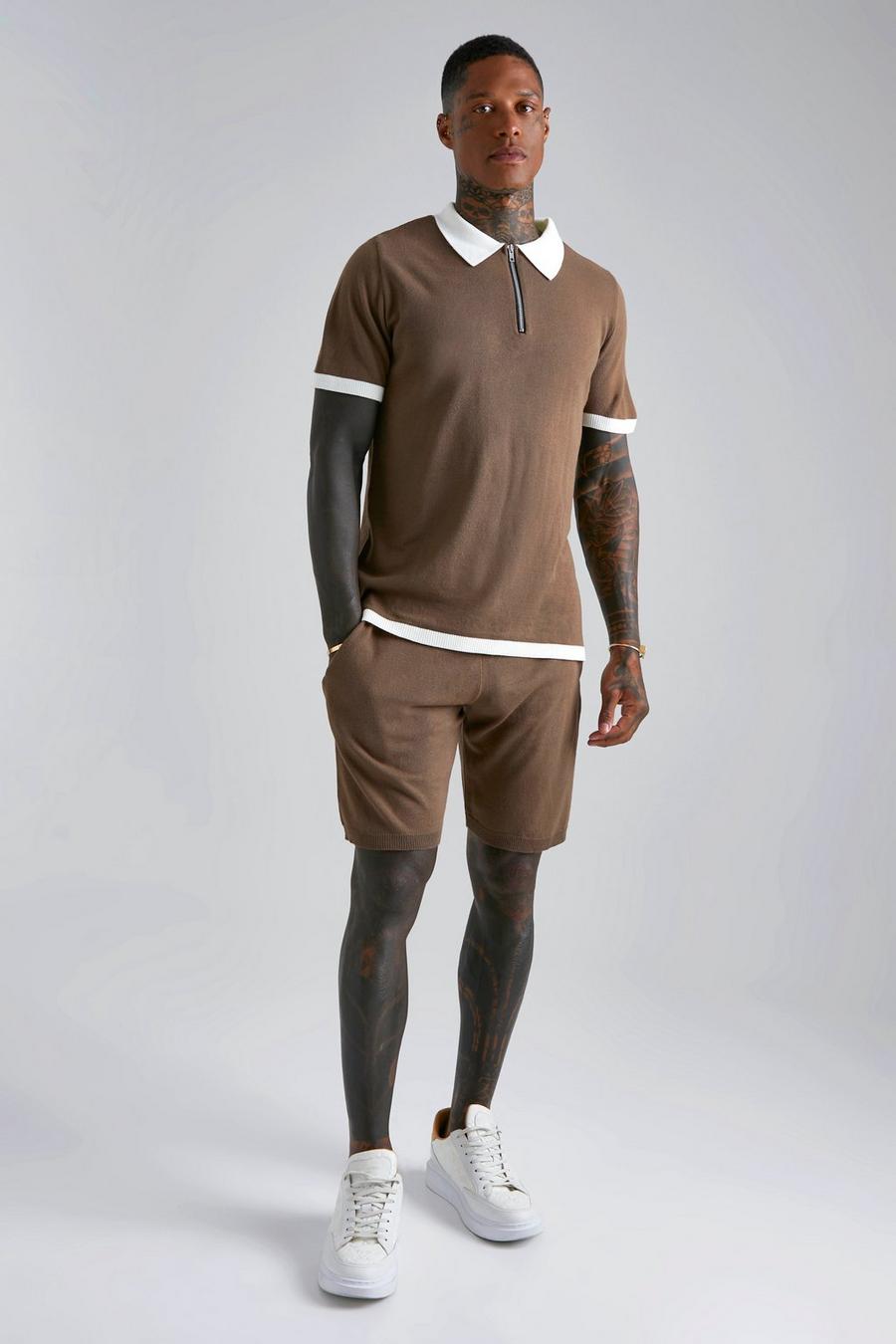 Taupe Contrast Polo And Short Set  image number 1