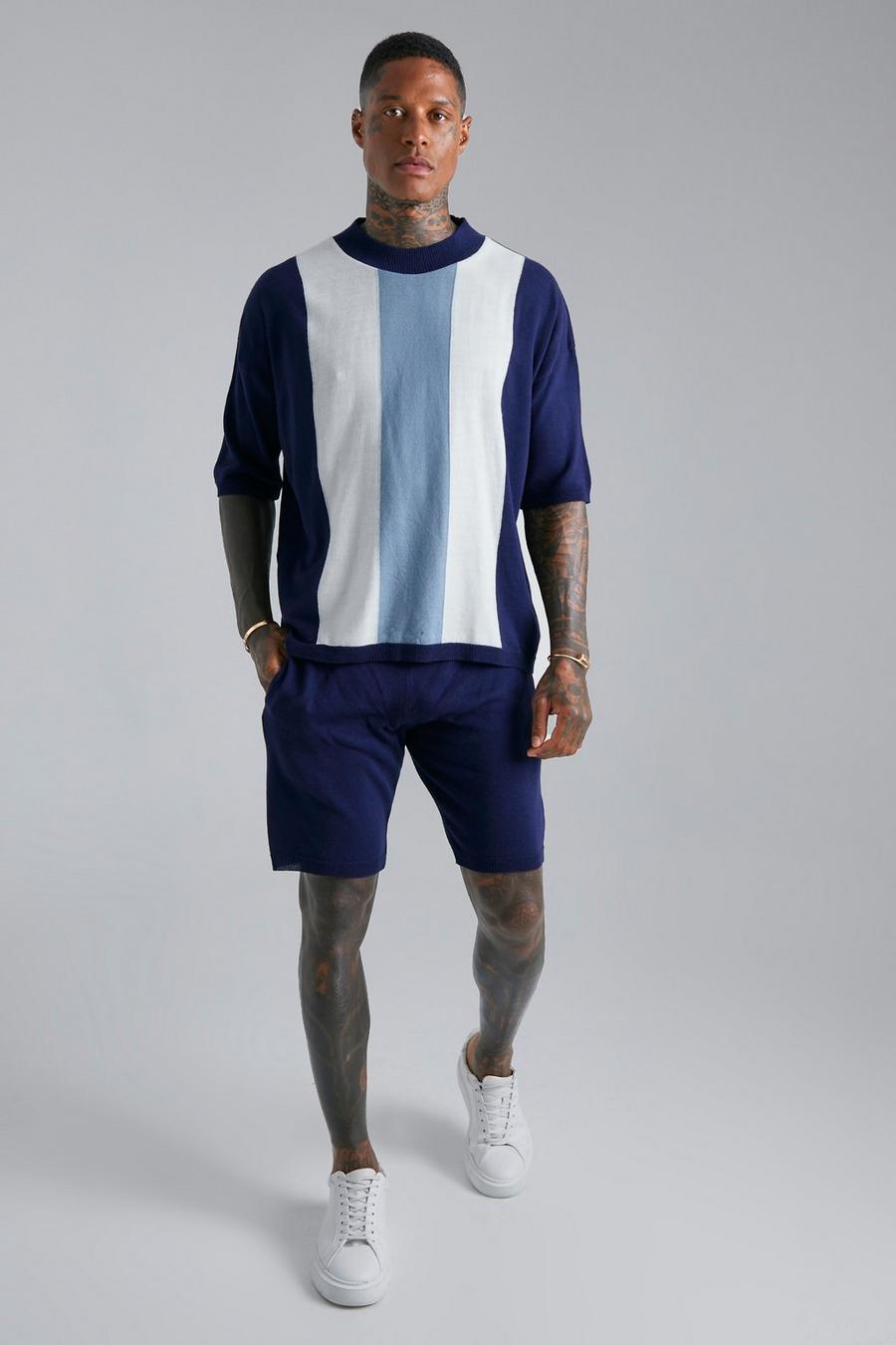 Navy Oversized Colourblock Knitted Tee And Short  image number 1