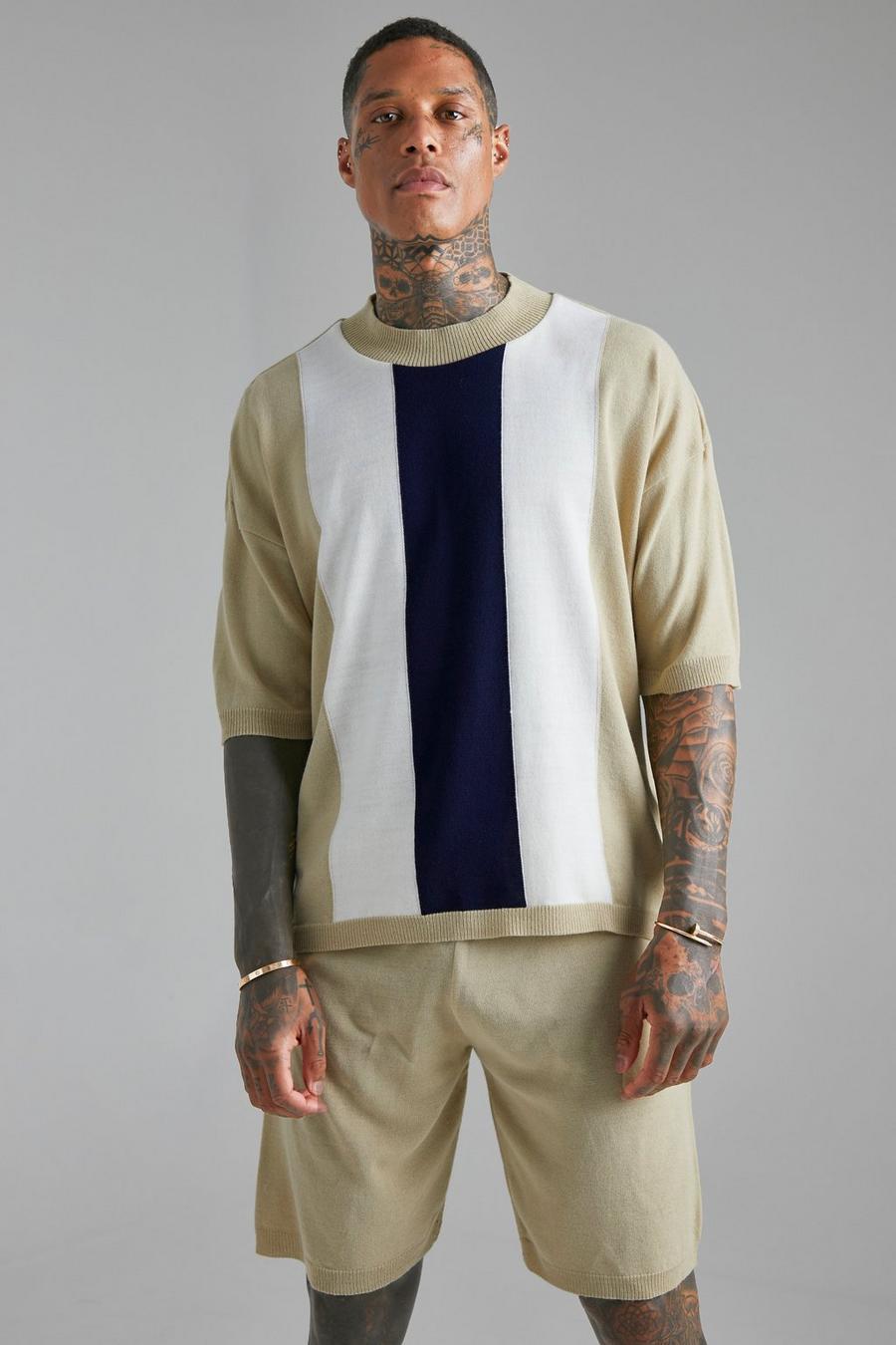 T-shirt oversize in maglia a blocchi di colore & pantaloncini, Stone beige