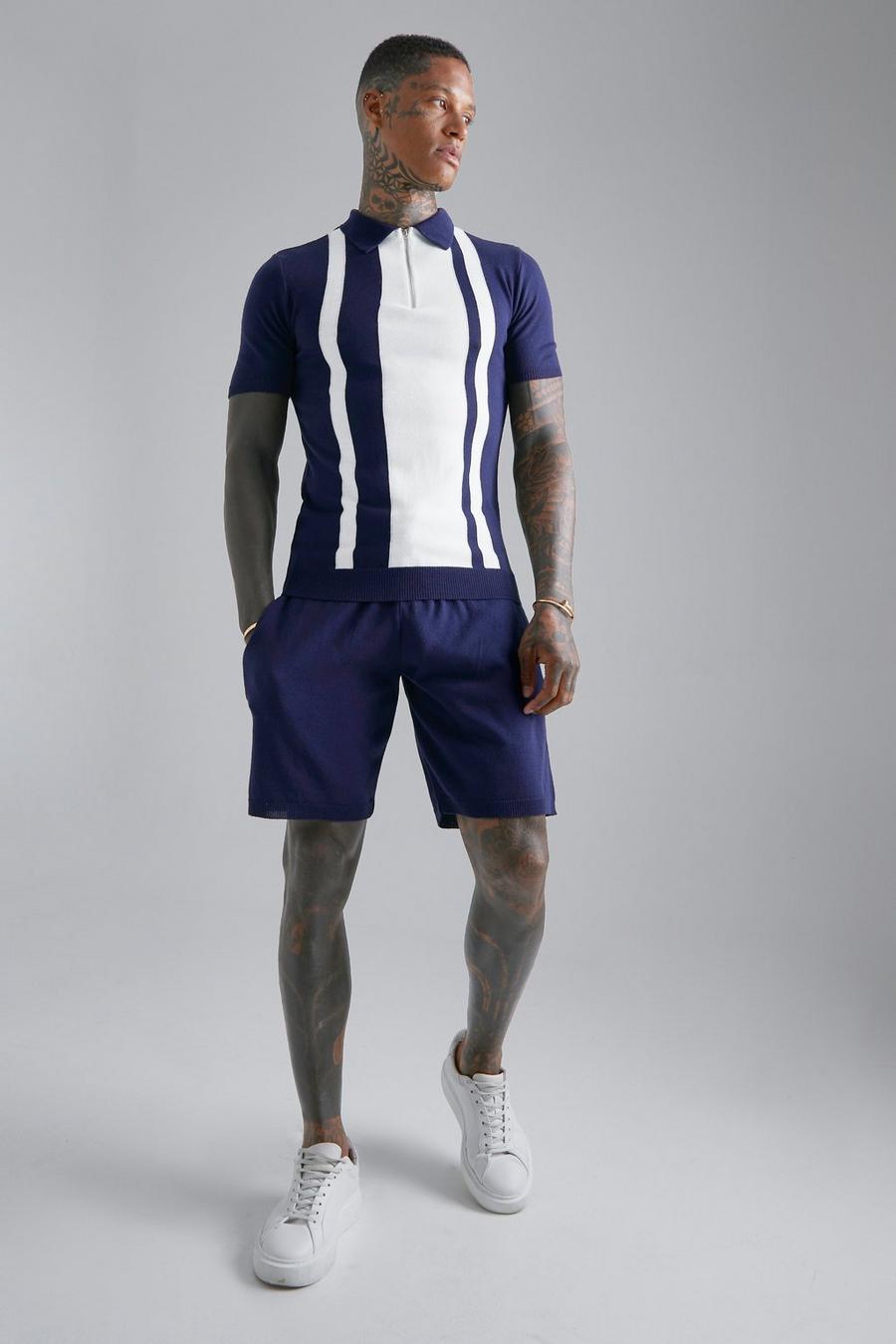 Navy Stripe Muscle Fit Polo With Stripe Short  image number 1
