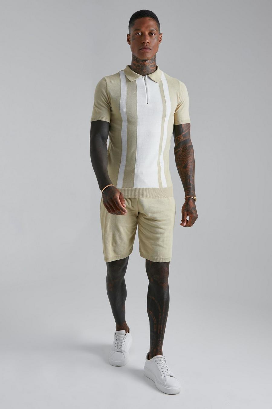 Stone beige Stripe Muscle Fit Polo With Stripe Short 