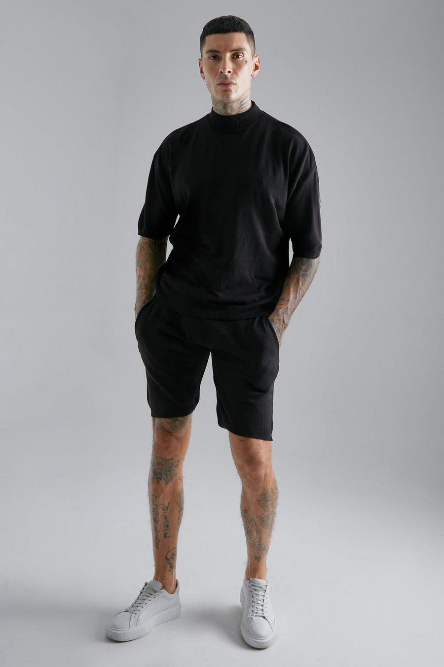 Black svart Oversize stickad t-shirt med hög halsmudd och shorts image number 1