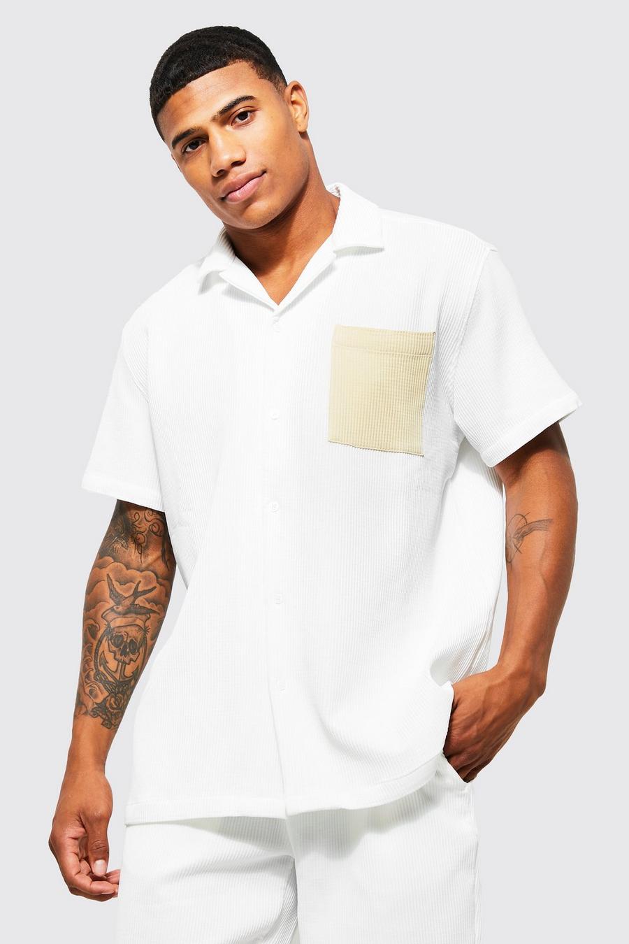 Camisa Plisada oversize de manga corta con colores en bloque, White blanco