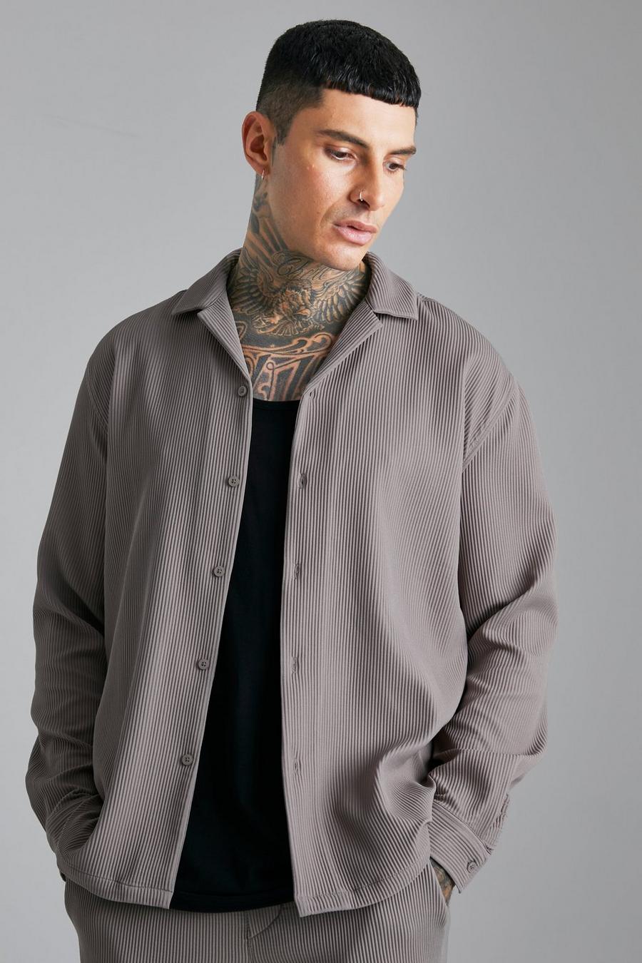 Taupe beis Long Sleeve Oversized Pleated Shirt image number 1