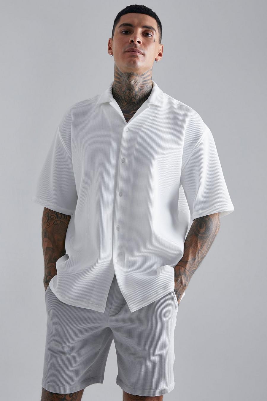 White Oversized Geplooid Boxy Overhemd Met Korte Mouwen image number 1