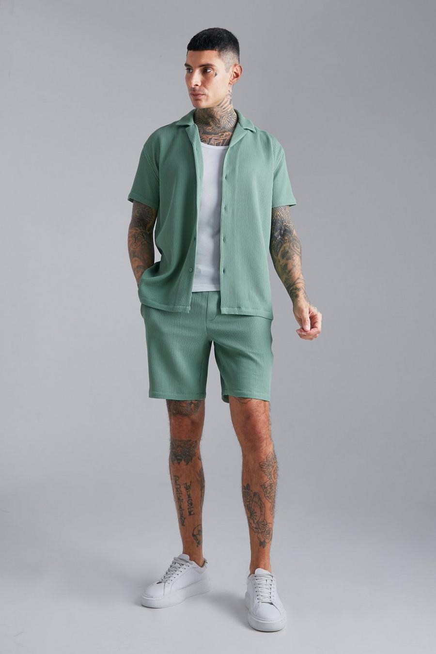 Green Boohoo Denim Pleated Short Sleeve Oversized Shirt And Short Set in Khaki Womens Clothing Tops Shirts 