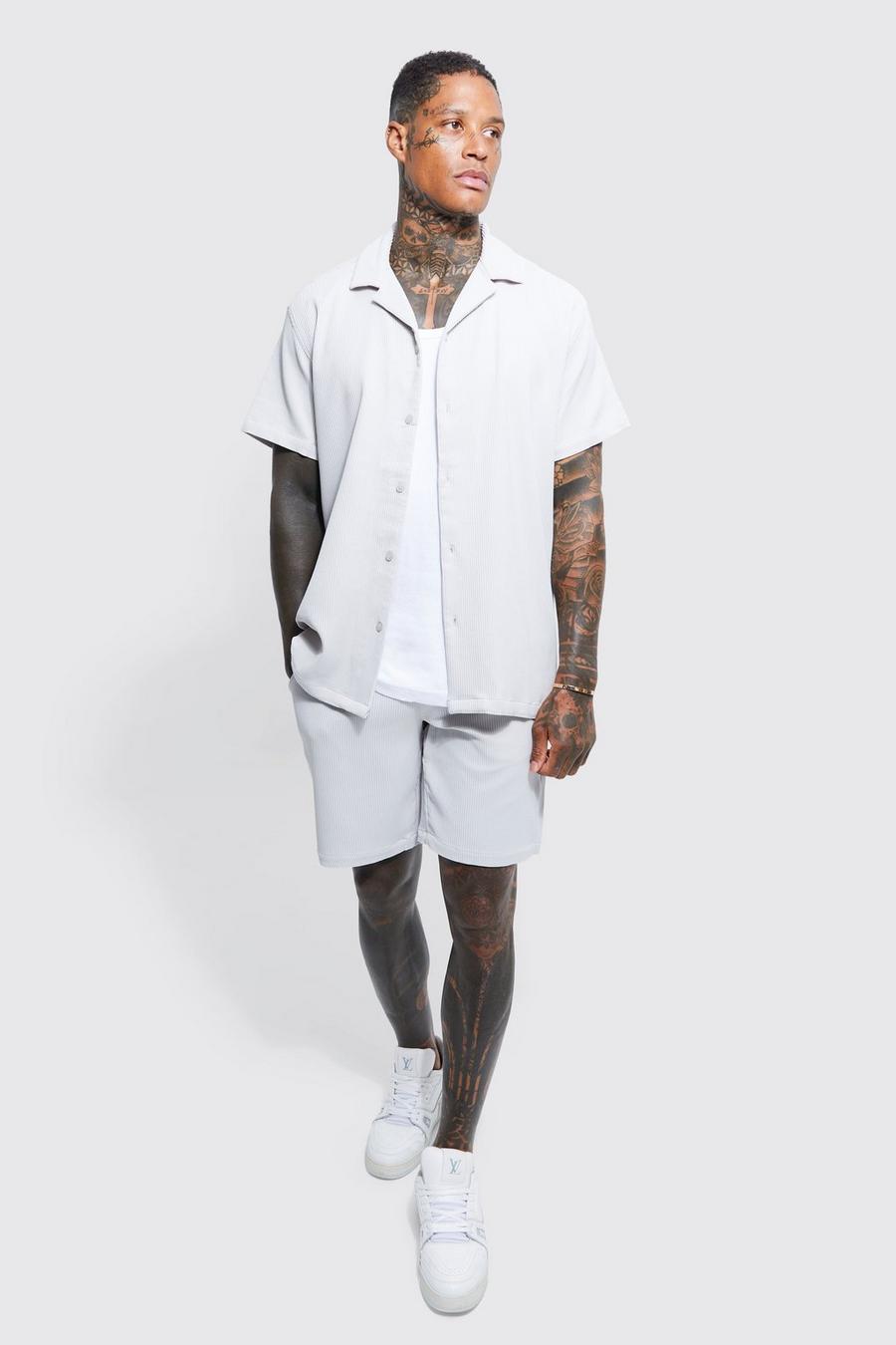 Grey gris Pleated Short Sleeve Oversized Shirt And Short Set