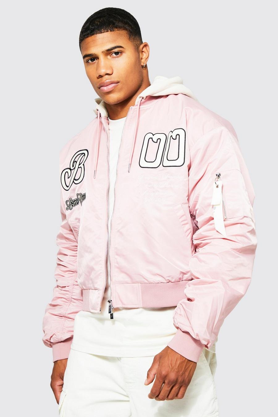 Pink Boxy Nylon Varsity Bomberjack Met Jersey Capuchon image number 1