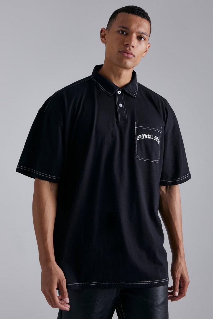Tall Oversize Man Poloshirt mit Kontrast-Naht, Black image number 1