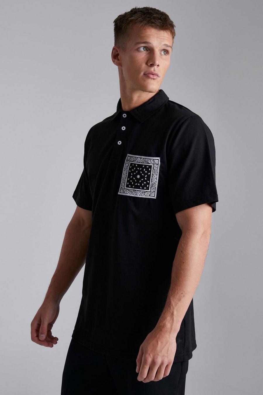 Camicia Tall stile polo con stampa in fantasia a bandana a contrasto ad altezza taschino, Black image number 1