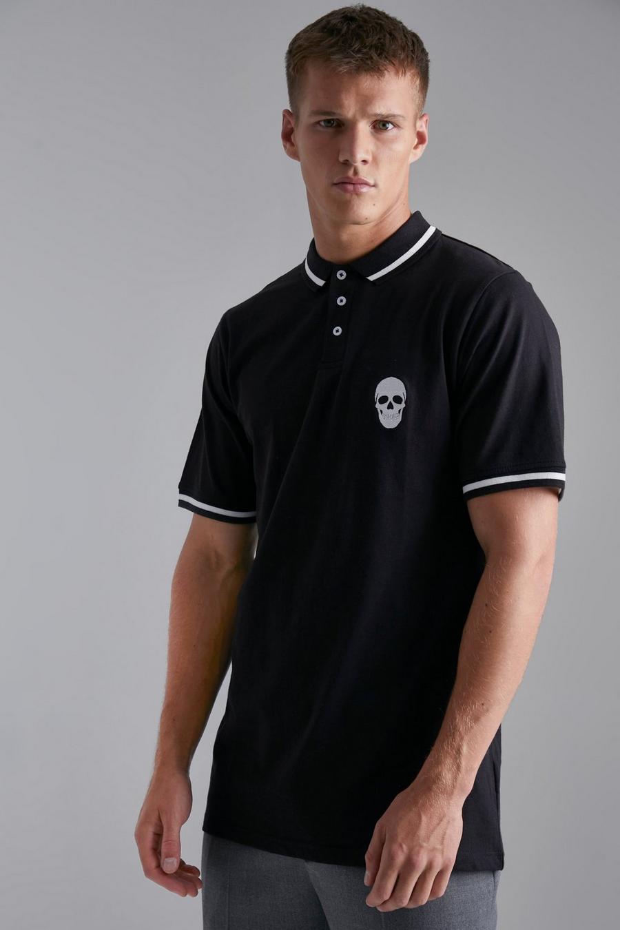 Black Tall Skull Embroidered Polo Shirt image number 1