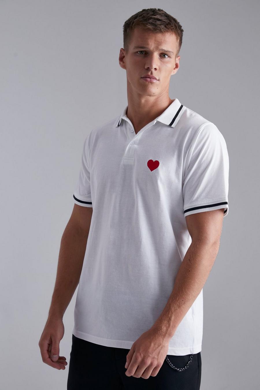 Camicia Tall stile polo con ricami a cuore, White blanco image number 1