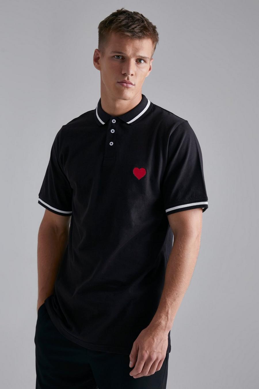 Black Tall Heart Embroidered Polo Shirt