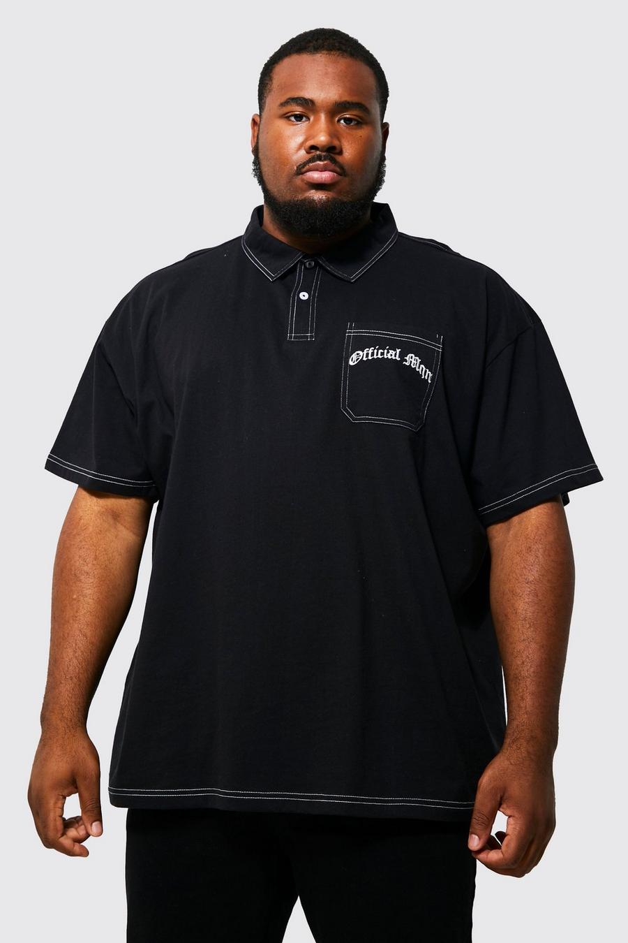 Black Plus Oversized Contrast Stitch Man Polo Shirt image number 1