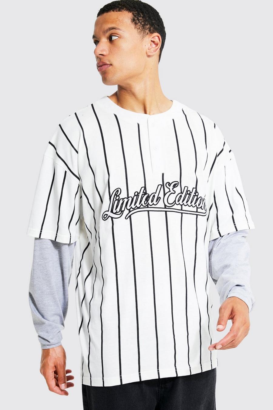 Camisa Tall estilo polo de béisbol con capa falsa y rayas finas, Ecru blanco