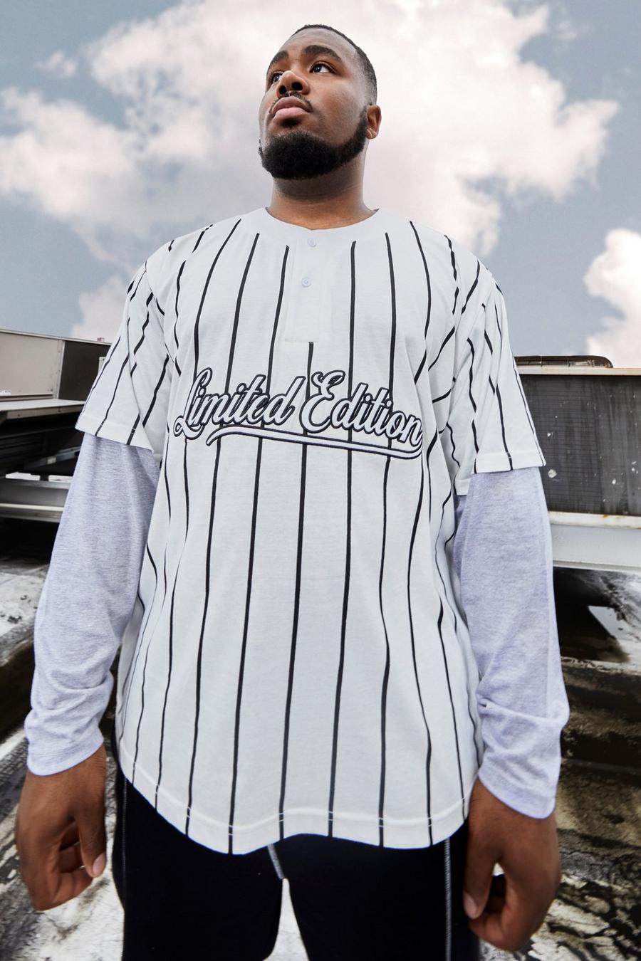 Ecru Plus Faux Layer Pinstripe Baseball Polo Shirt image number 1