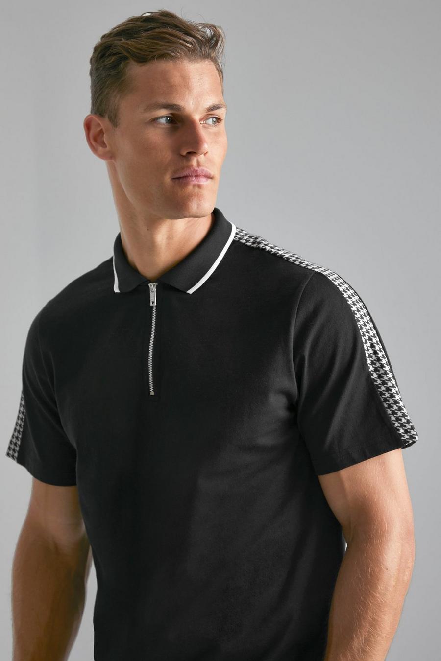 Black Tall Size Dogtooth Jacquard Tape 1/4 Zip Polo image number 1