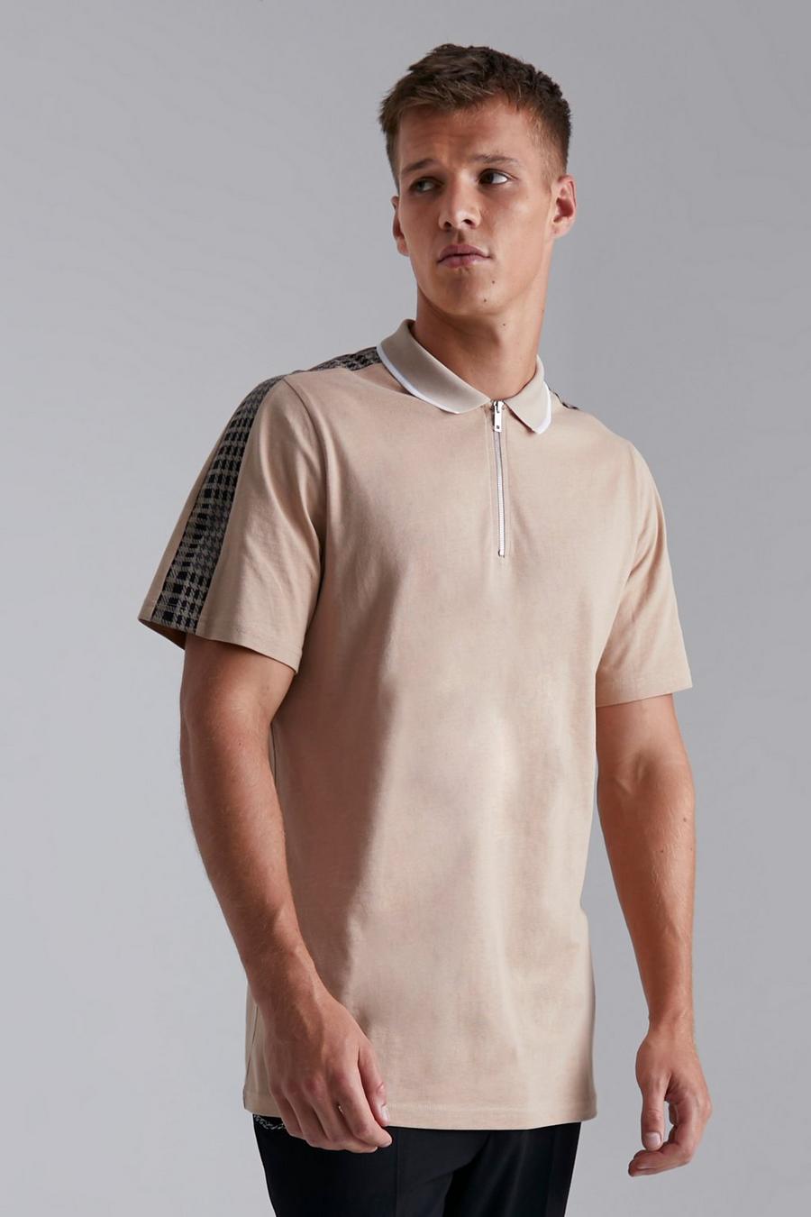 Taupe Tall Size Check Jacquard Tape 1/4 Zip Polo image number 1