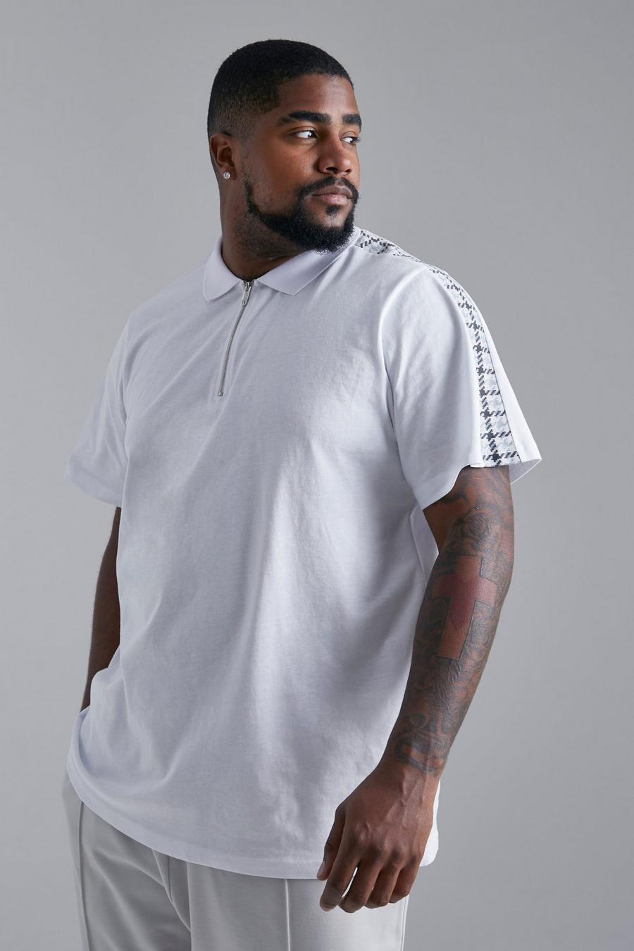 White Plus Size Dogtooth Jacquard Tape 1/4 Zip Polo image number 1