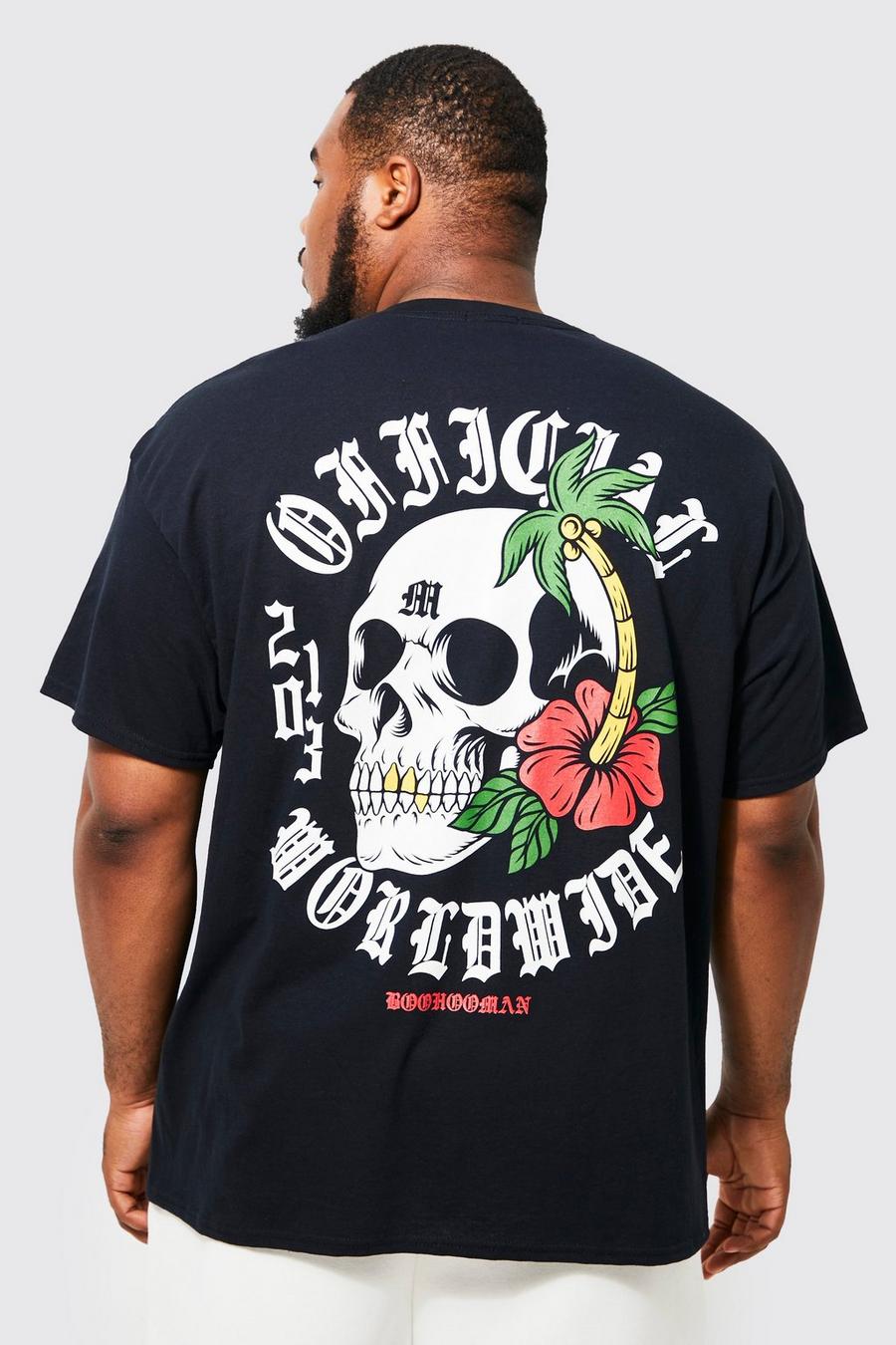 Black Plus Gothic Palm Skull Back Print T-shirt