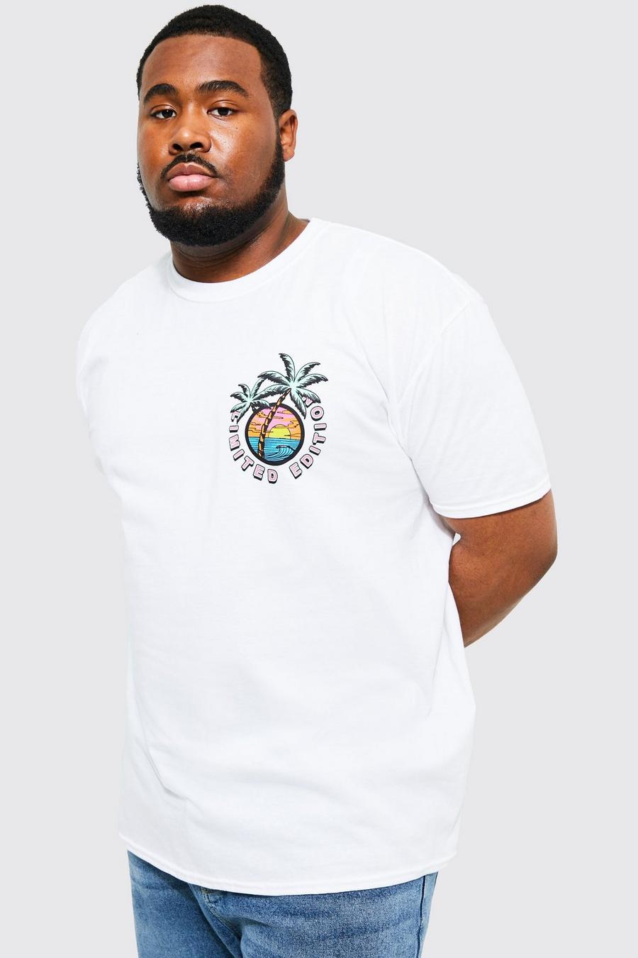 T-shirt Plus Size con stampa Limited, palme e stampa di logo, White blanco