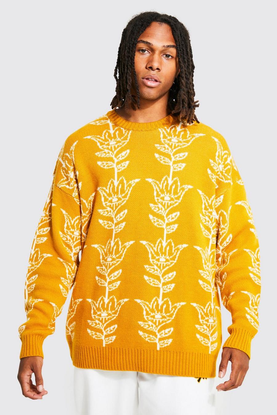 Mustard Oversized Leaf Print Knitted Jumper image number 1