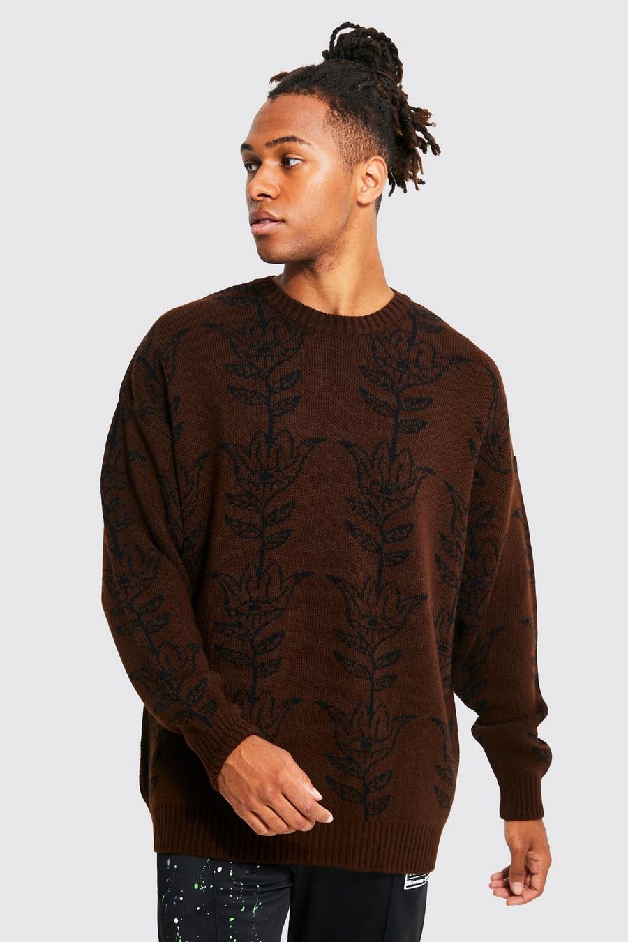 Chocolate Oversized Leaf Print Knitted Jumper image number 1