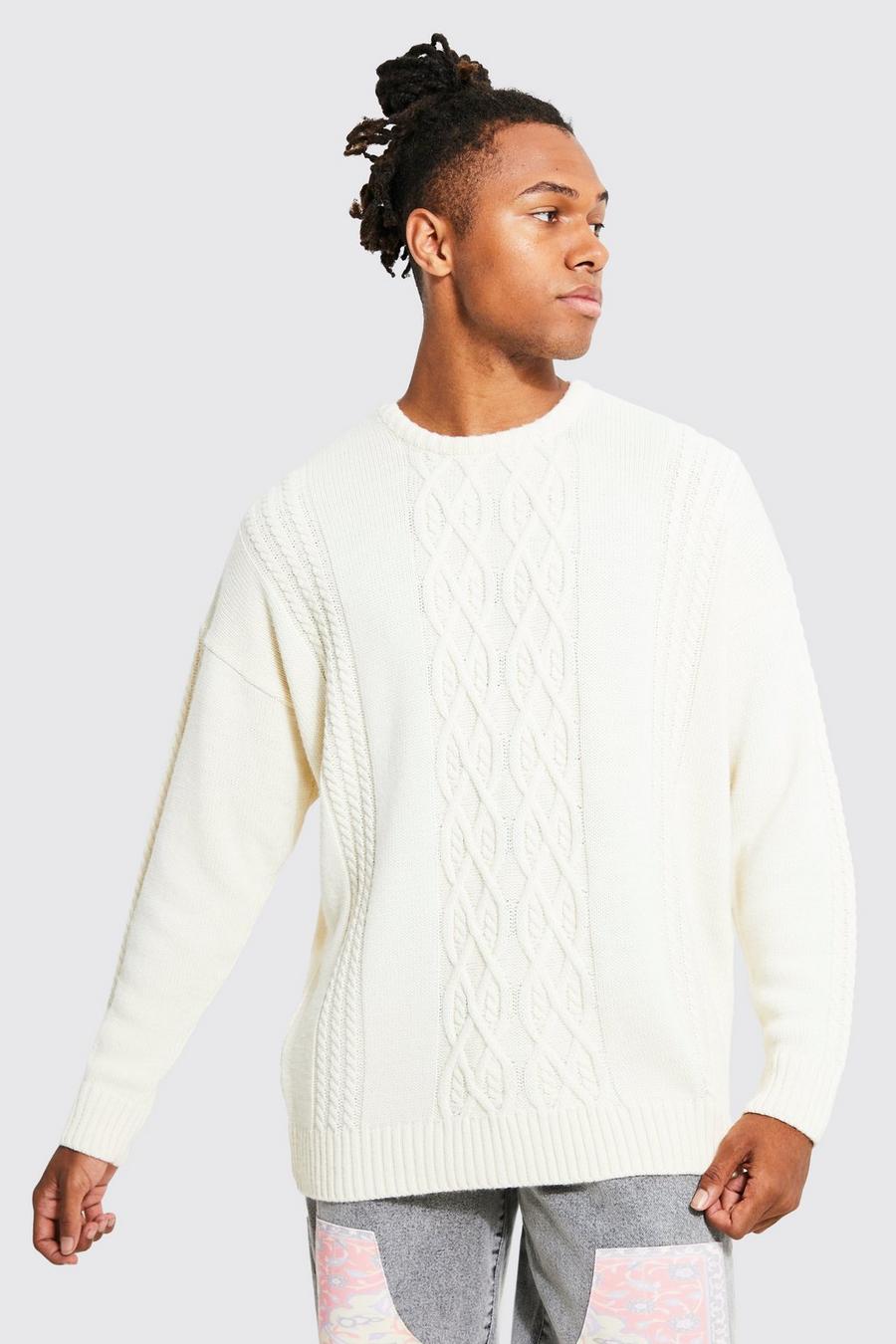 Oversize Zopfmuster-Pullover, Cream image number 1