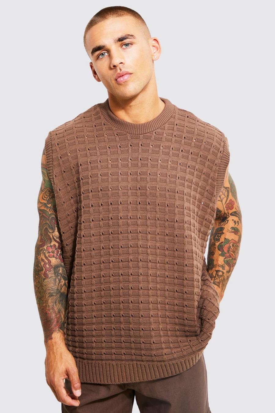 Taupe Oversized Open Stitch Knitted Vest image number 1