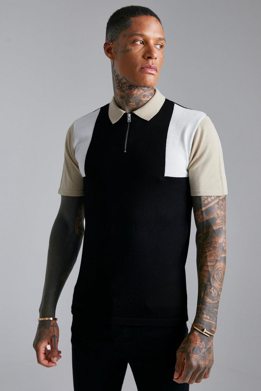 Kurzärmliges Muscle-Fit Colorblock Poloshirt, Black image number 1