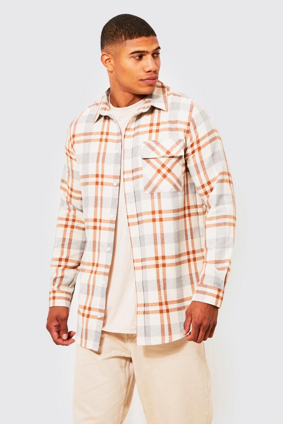 Ecru white Long Sleeve Longline Flannel Check Shirt