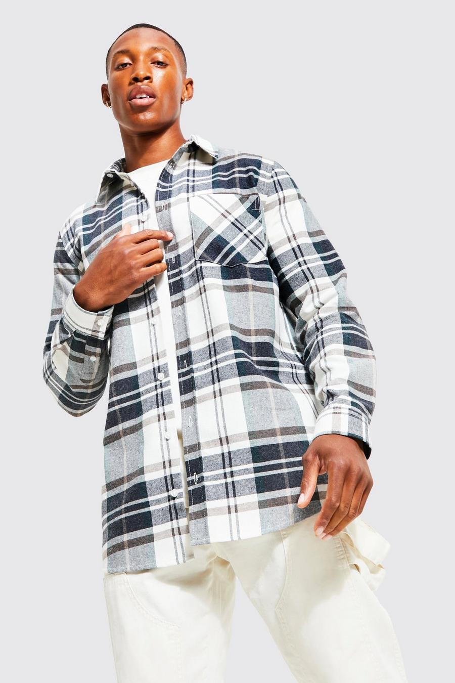 White Long Sleeve Longline Check Flannel Shirt  image number 1