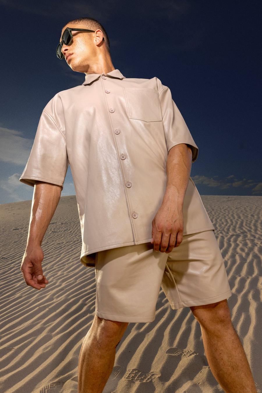 Taupe beige Short Sleeve Boxy Oversized PU Shirt And Shorts
