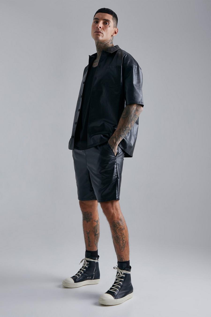Black Short Sleeve Boxy Oversized PU Shirt And Shorts image number 1