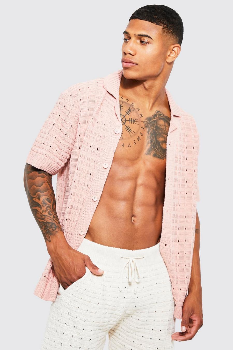 Camisa de punto calado con botones, Pale pink rosa image number 1