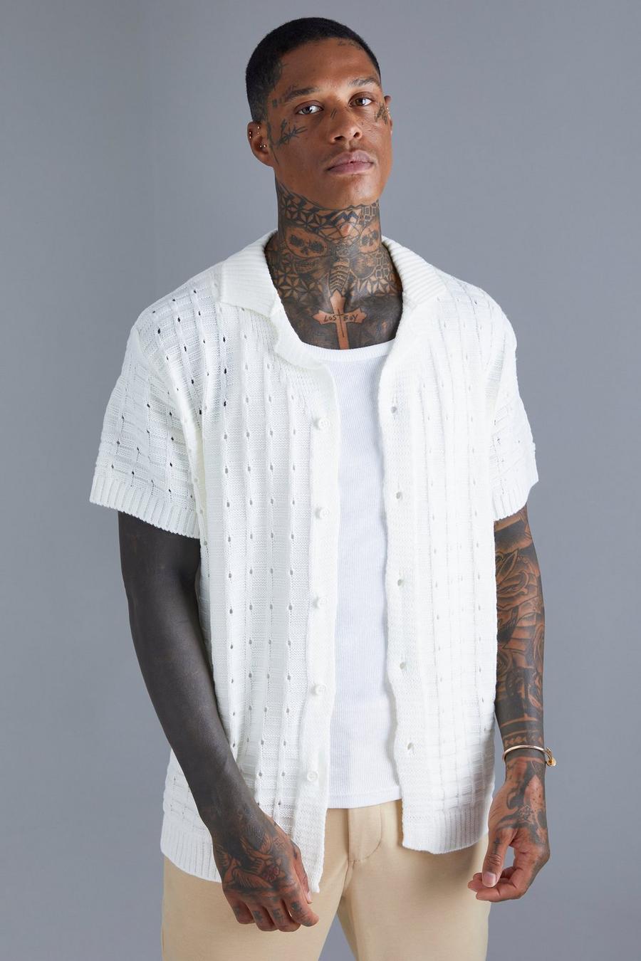 Camicia in maglia in maglia traforata con bottoni, Cream bianco image number 1