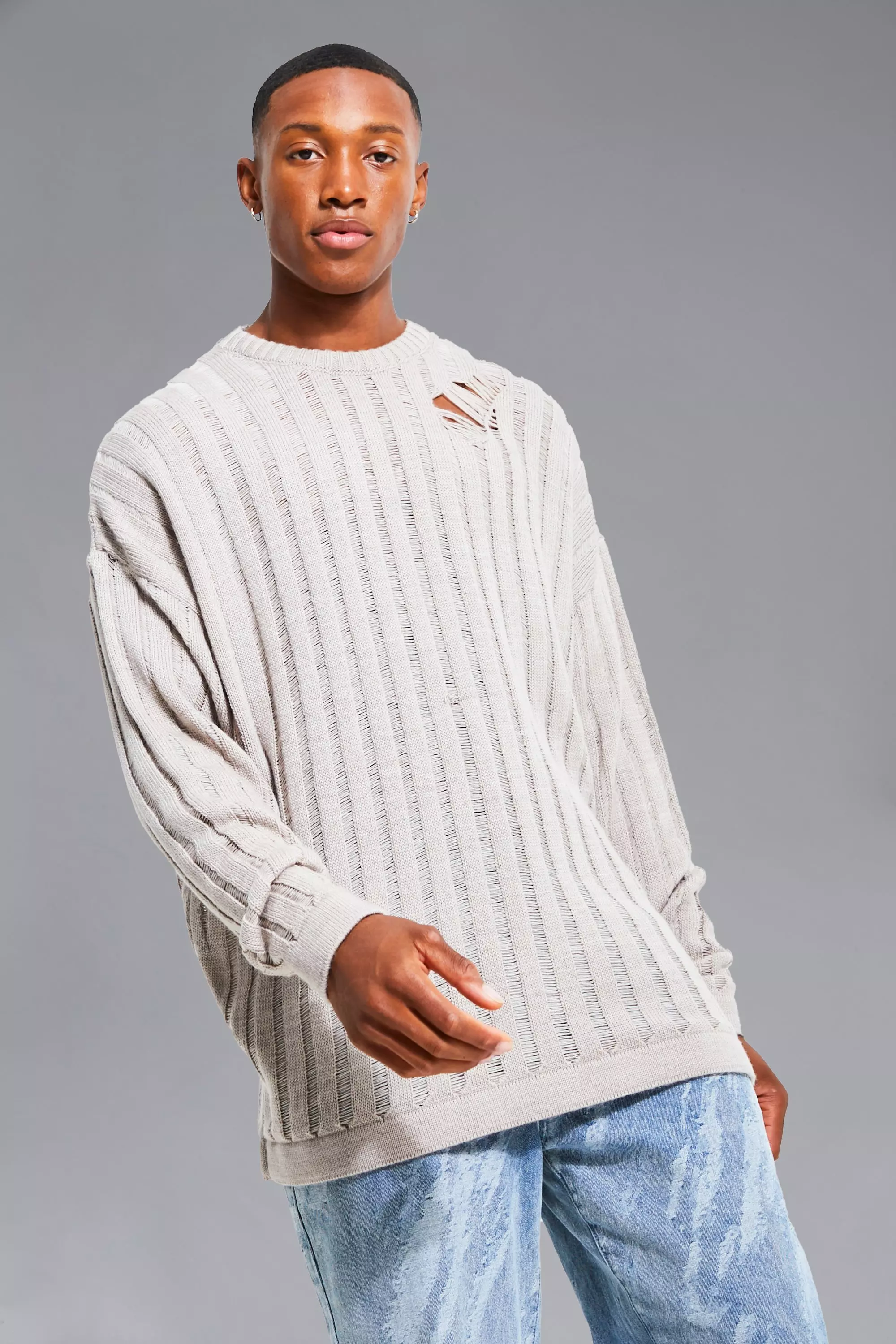 Stone Open Stitch Oversized Distressd Jumper alternative image