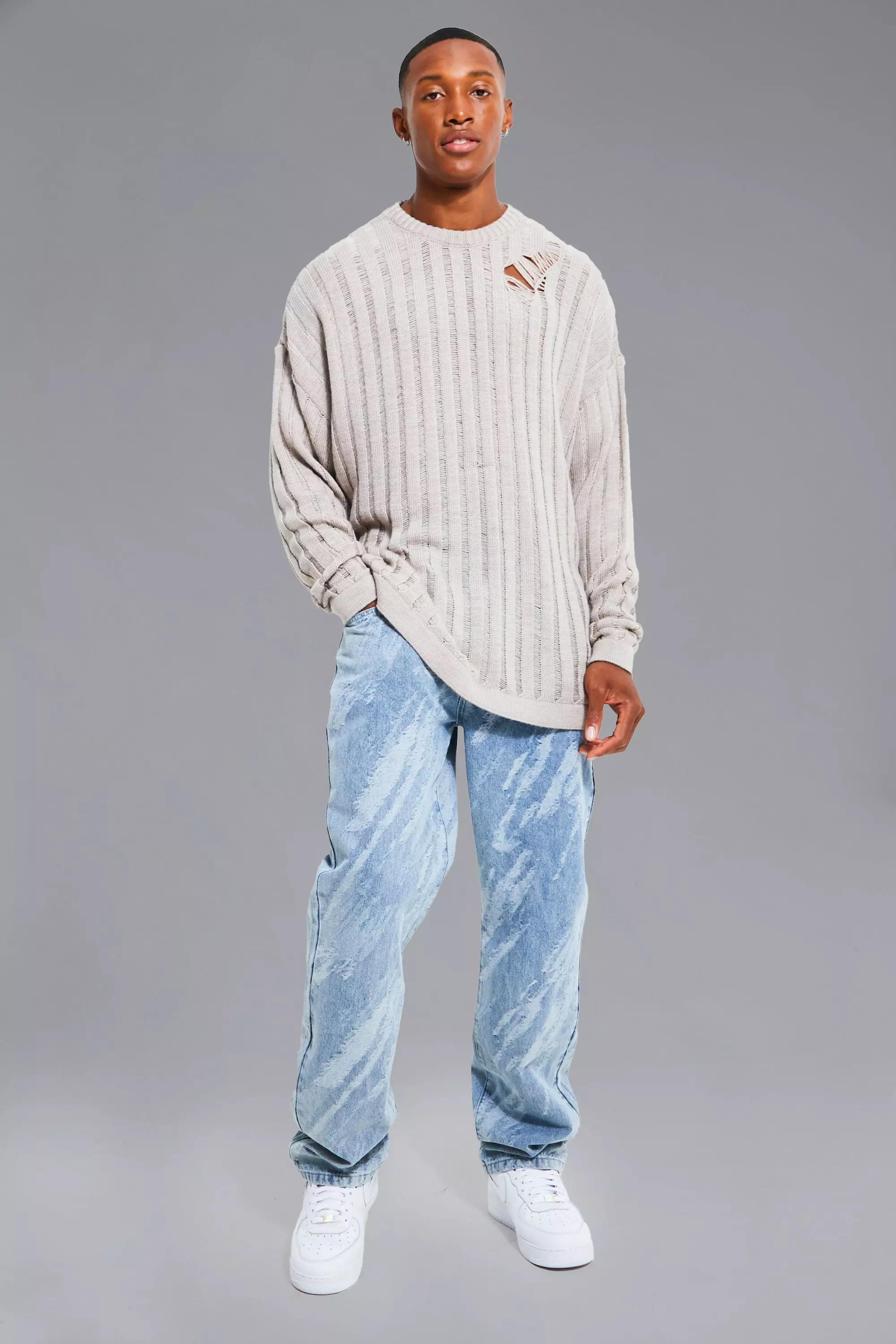 Stone Open Stitch Oversized Distressd Jumper alternative image