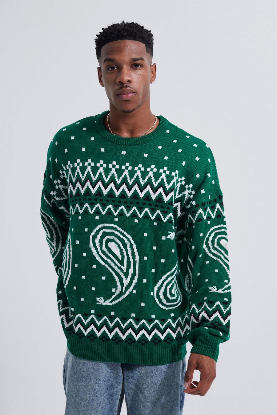 Oversize Weihnachtspullover mit Paisley-Print, Green image number 1