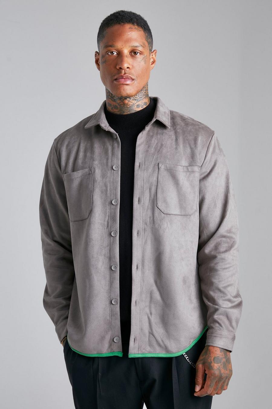 Charcoal Suede Overshirt With Contrast Binding image number 1
