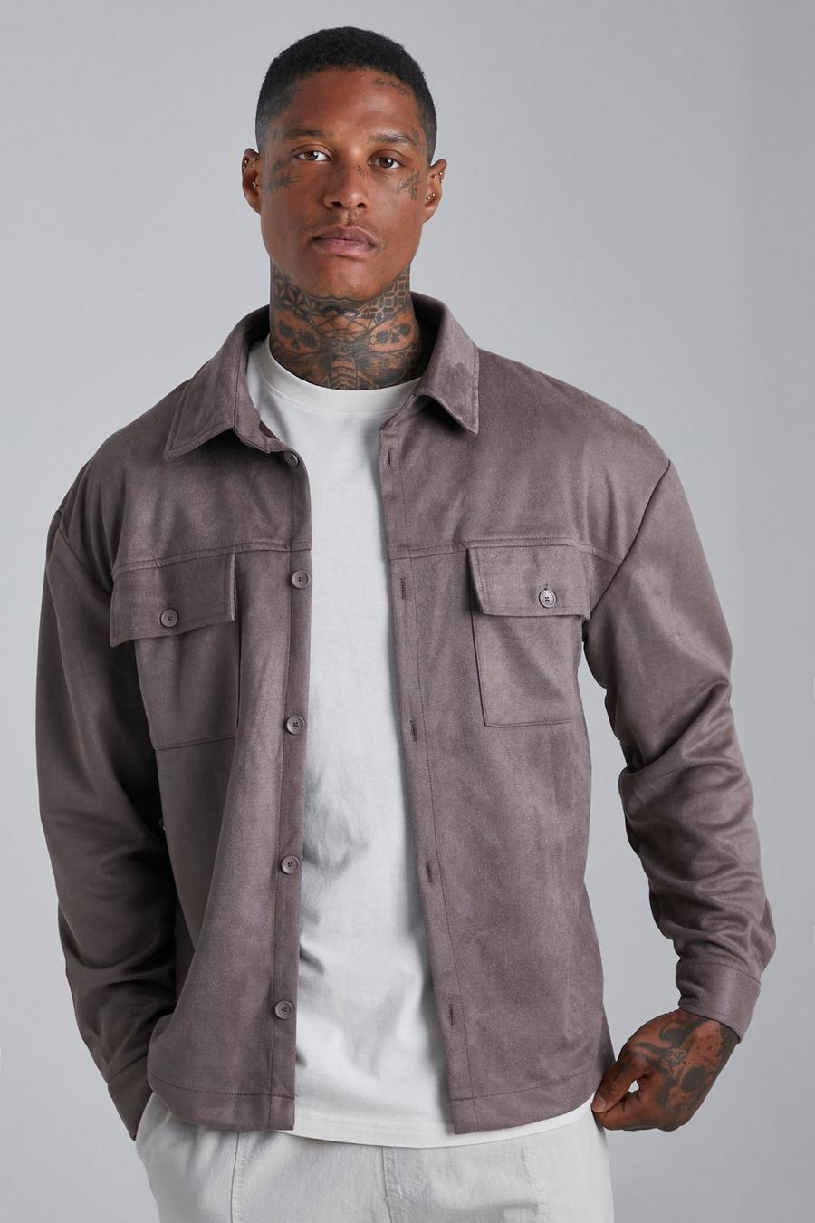 Taupe Boxy Suede Overshirt image number 1
