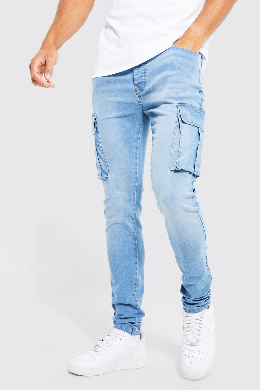Tall Stretch Skinny Cargo-Jeans, Light blue bleu