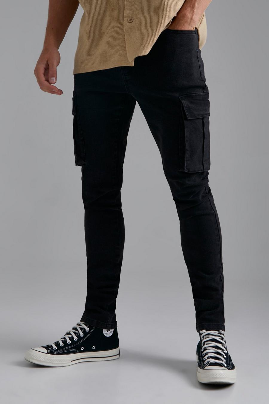 Washed black Tall Skinny cargo jeans med stretch image number 1