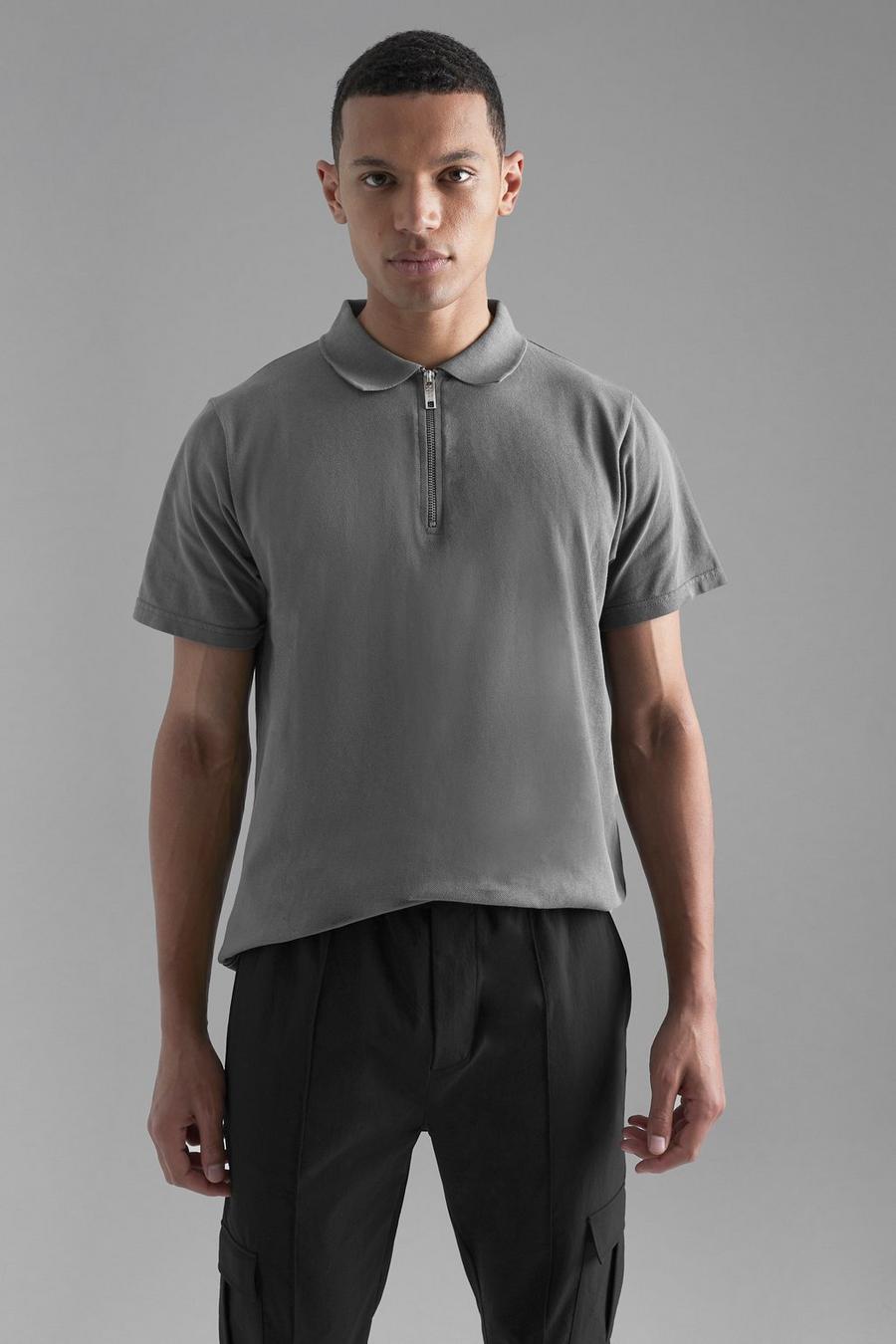 Slate grey Tall Slim Fit Short Sleeve Zip Polo image number 1