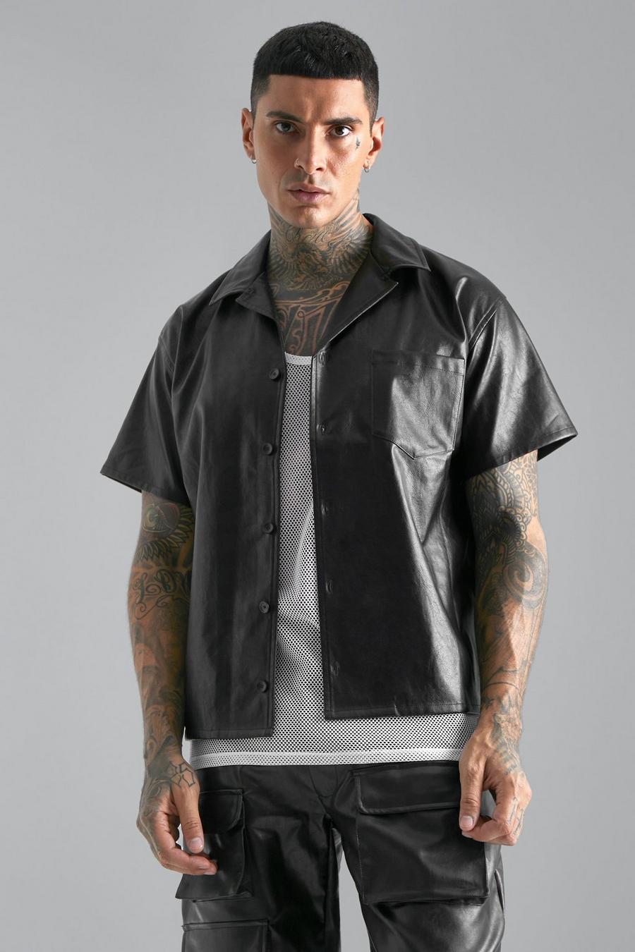 Black Short Sleeve Boxy Fit Pu Shirt image number 1