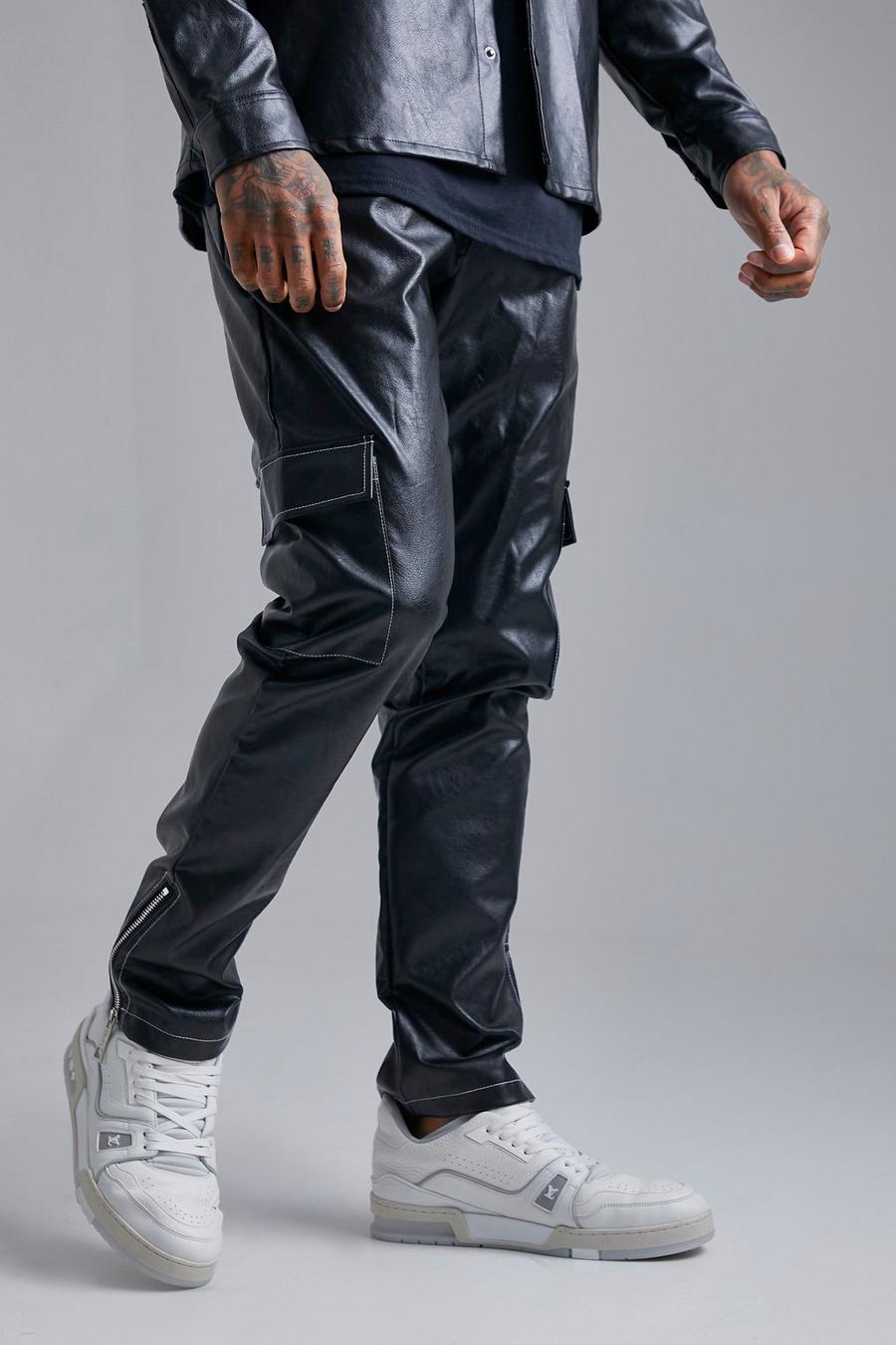 Black Contrast Stitch Pu Cargo Trousers image number 1
